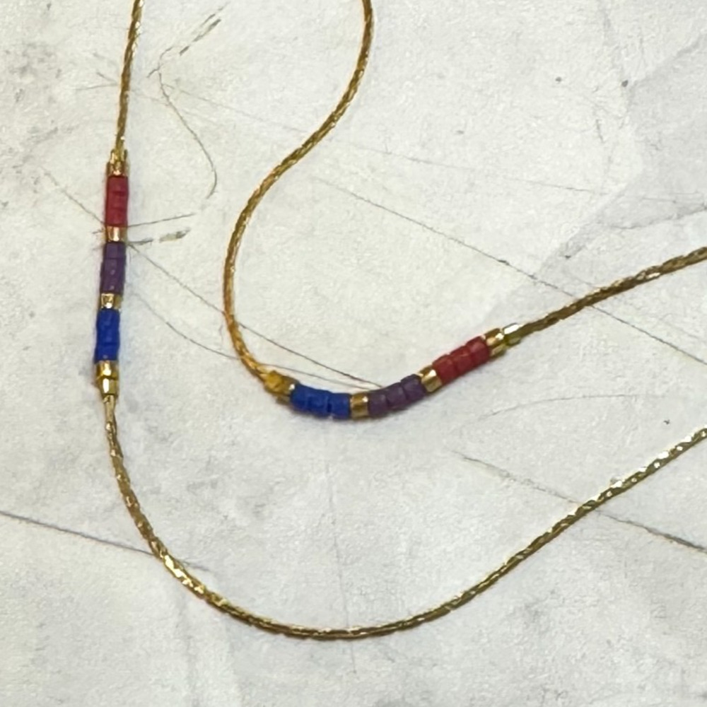Two Dainty Bracelets Red Blue Purple Beads Gold Plated Cobra Chain Stackable
